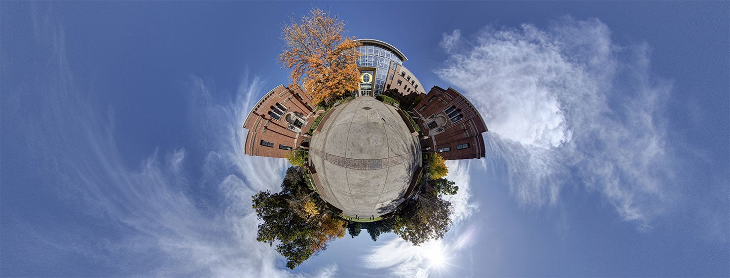 Fish eye lens view of campus near the Lillis Business Complex Fish eye lens view of campus near the Lillis Business Complex