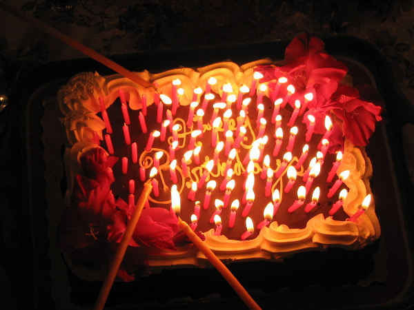 Birthday cake with many candles.