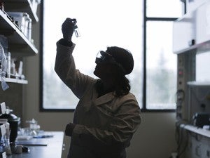Silhouette of researcher holding up, inspecting test tube in laboratory window.