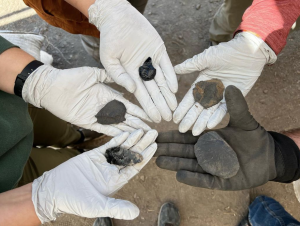 students holding ancient artifacts