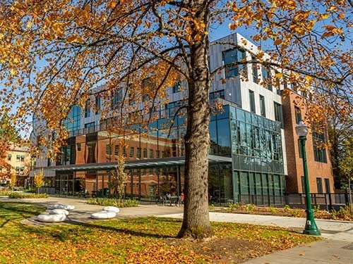 Exterior of Tykeson Hall in the fall