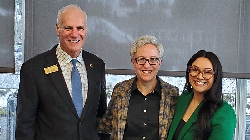 Randy Kamhaus with Oregon governor Tina Kotek and graduate employee Ana Hernandez