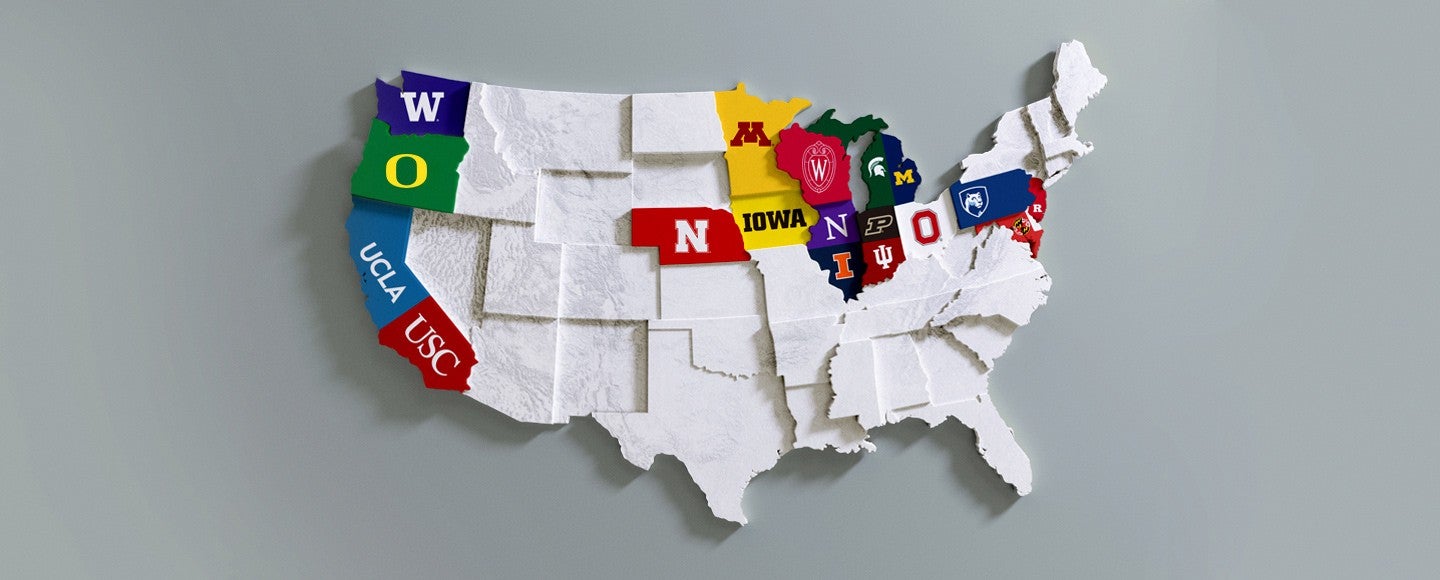 United States map identifying the states where Big Ten schools are located