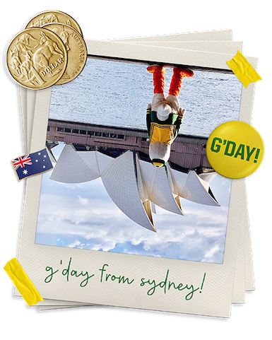 An upside down photo of the Oregon Duck standing in front of the Sydney Opera House in Sydney, Australia.