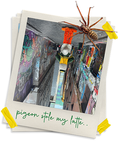 Upside down polaroid photo of The Duck standing in alley with graffiti