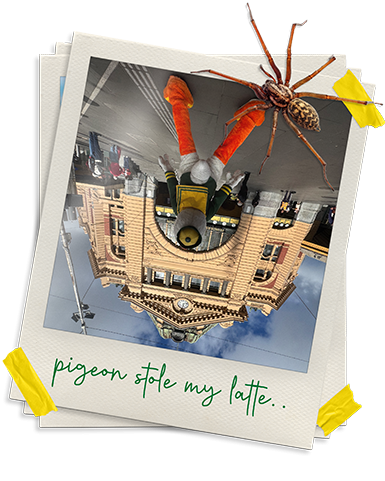 Upside down polaroid photo of The Duck with back to camera looking up at train station