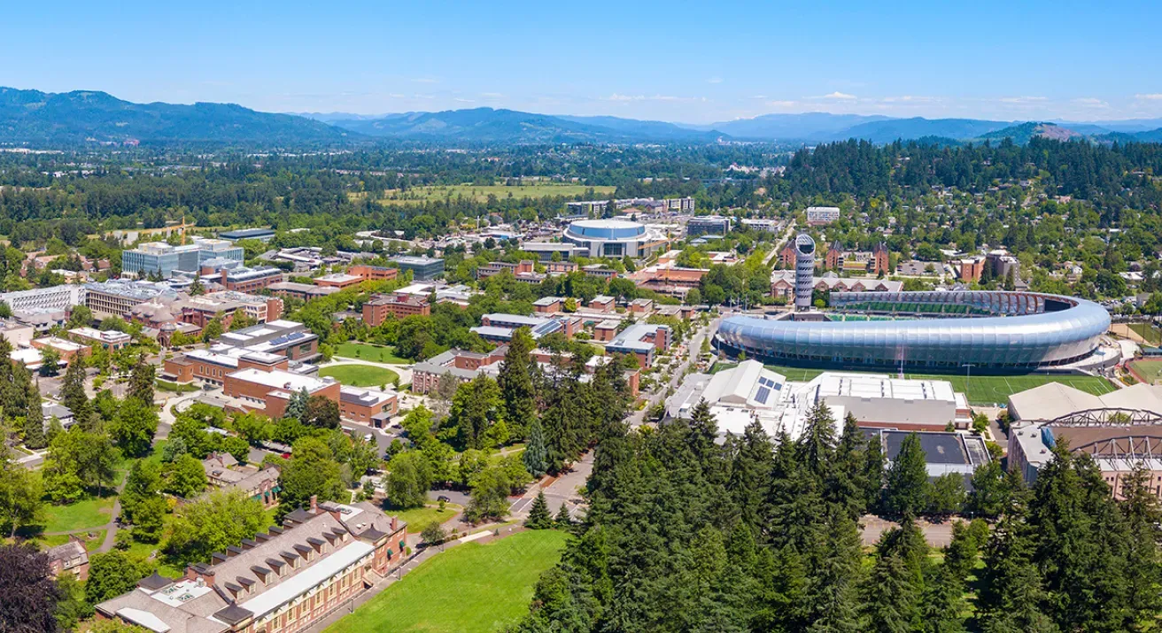 aerial view of the UO campus in Eugene with Hayward Field in lower right