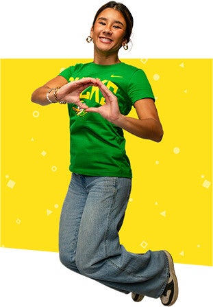 a student jumping and throwing their O