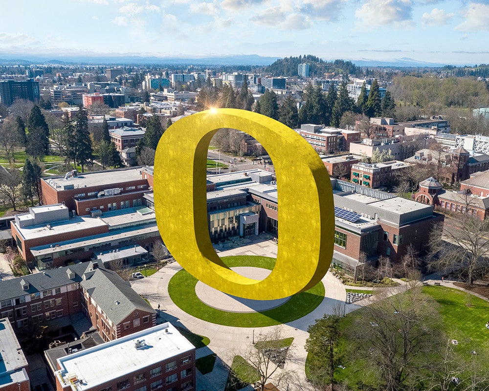 Giant yellow Oregon O on campus