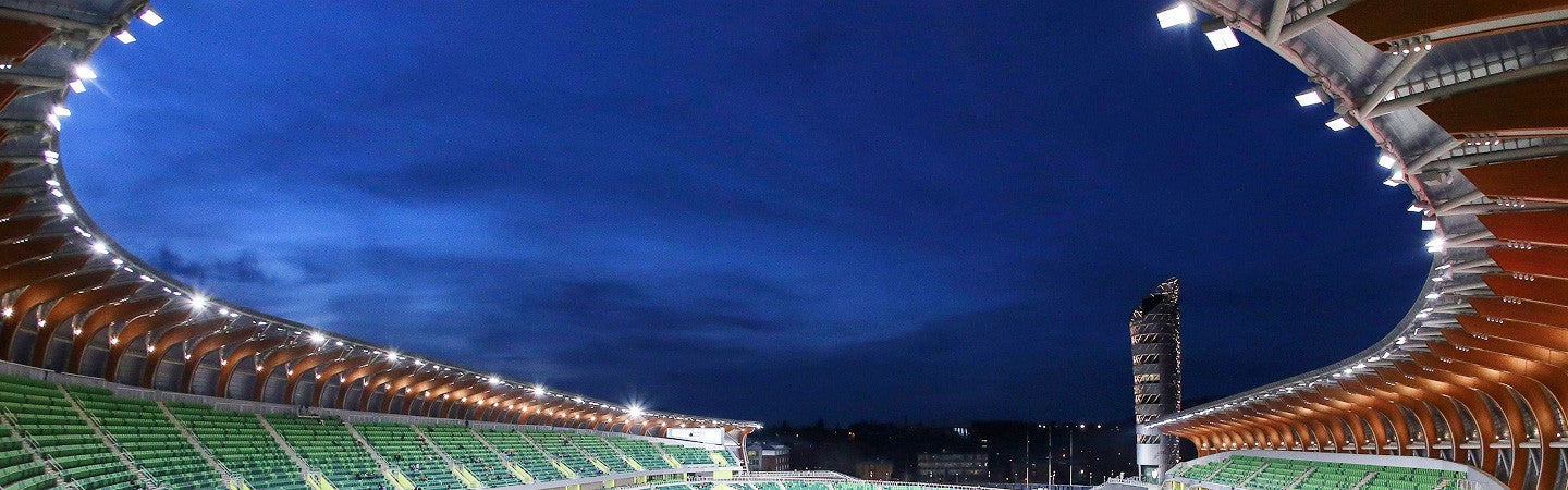 a view from inside Hayward Field at night