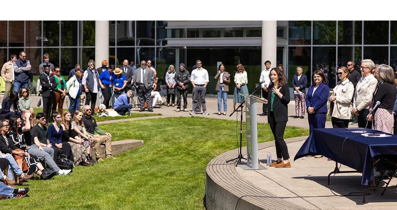 Governor Kotek and others gather for a Ballmer Bill signing event at the UO in Portland