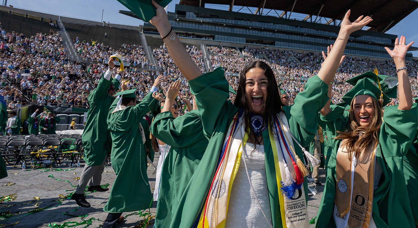 Graduates celebrate at the 2026 UO Commencement at Autzen Stadium