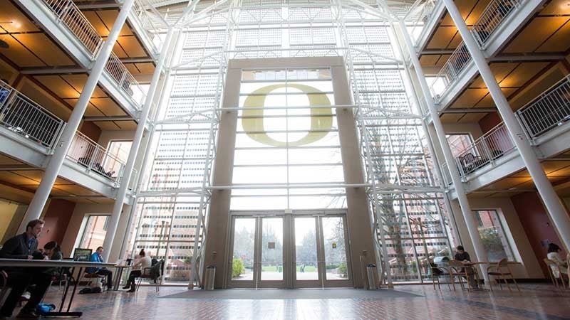 Interior of the Lillis Business Complex looking out at the Memorial Quad