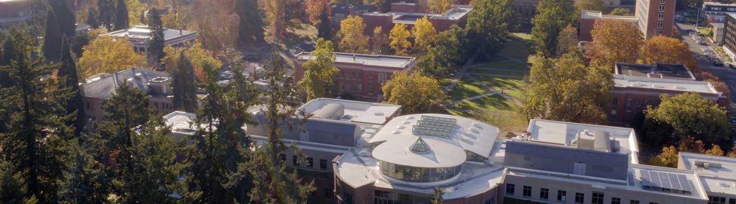 Aerial photo of campus near the Lillis Business Complex