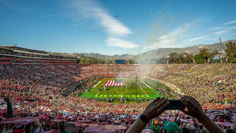 B-2 bomber flying over Rose Bowl stadium