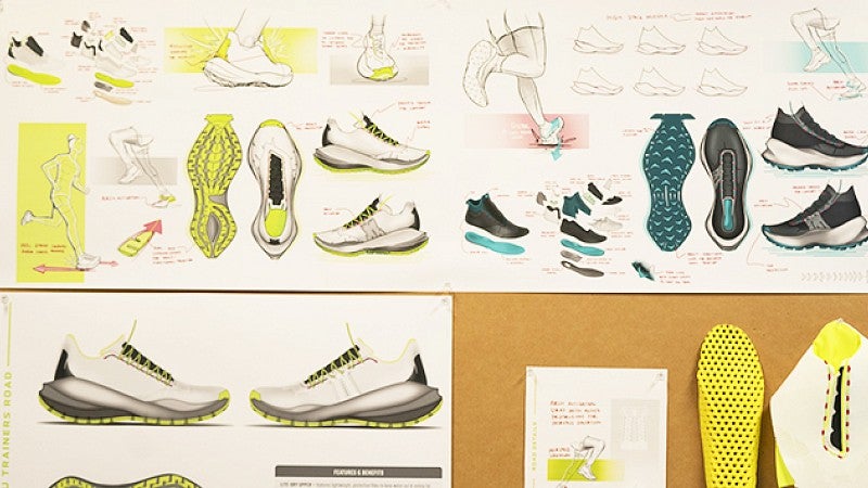 bulletin board of running shoe sketches