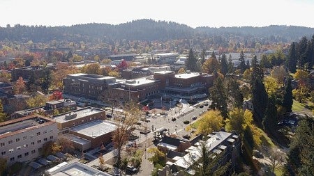 aerial photo of the University of Oregon campus in fall