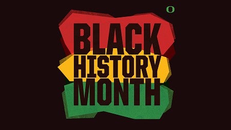 Black History Month graphical logo featuring red, gold, and green stripes