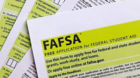Close-up of Free Application for Federal Student Aid (or, FAFSA) paper forms