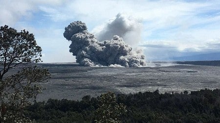 A plume of gas and rubble rises above the caldera of Kīlauea volcano on the Island of Hawaii.