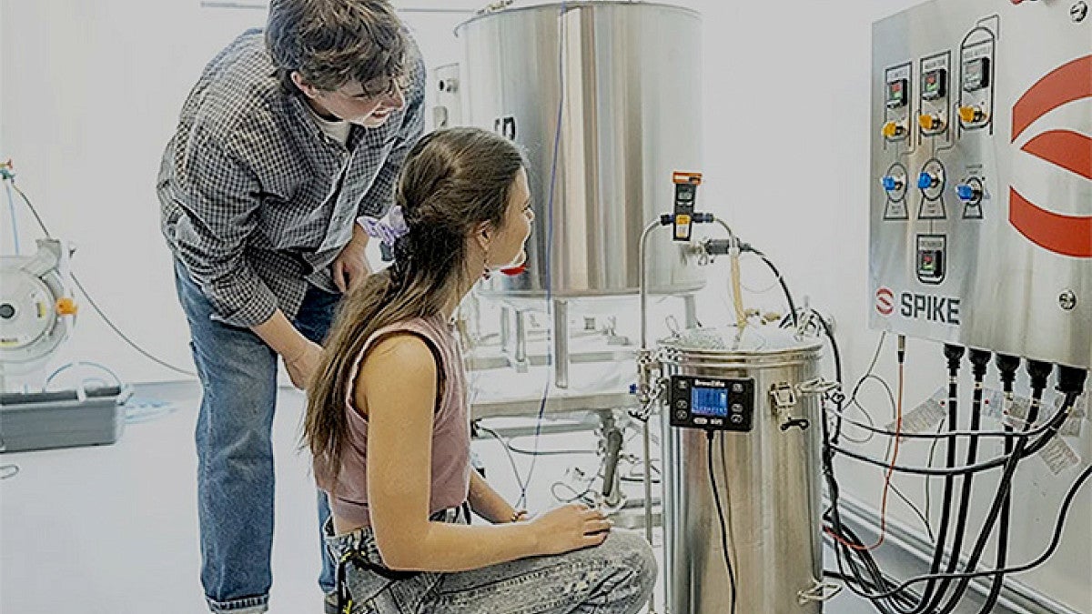 two people looking at brewing equipment