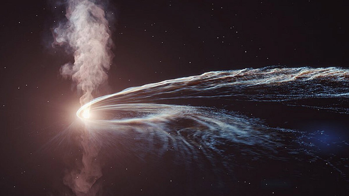 Artist concept of black hole drawing in material and emitting jets