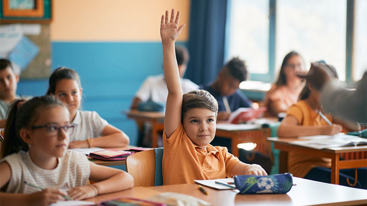 a child raises their hand in a classroom setting