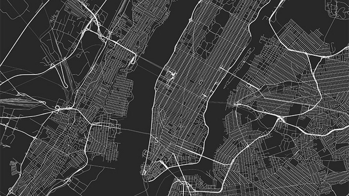 a high-level street map of Manhattan and the surrounding area