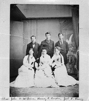 Six students posing for a commencement studio portrait in 1879 Six students posing for a commencement studio portrait in 1879
