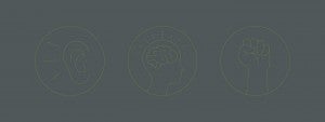 Icons of an ear (listen), brain (learn), and fist (act)