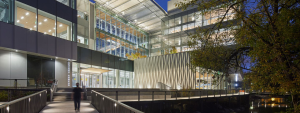 Knight Campus building at night.