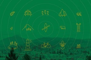 Oregon landscape with activity icons