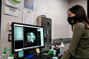 Minh Anh Nguyen looking at a computer monitor