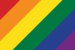 Diagonal stripes in rainbow order of red, orange, yellow, green, blue, and purple